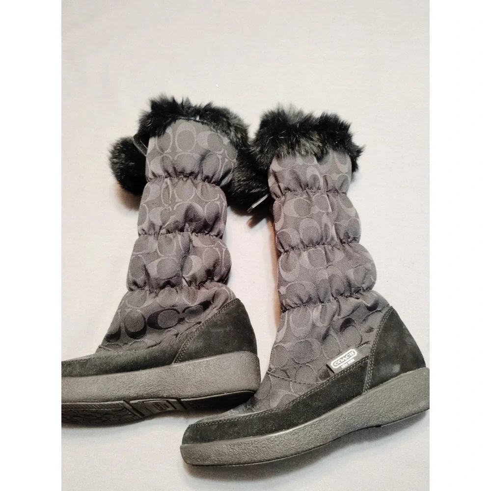 COACH‎ Theona Signature Jacquard Rabbit Fur Winter Boots Goth Old Money Black 6B